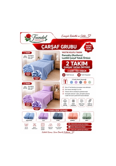 Tek Kişilik / Pamuklu Lastikli Çarşaf Takım/ Yastık Kılıflı Takım Mavi Mavi