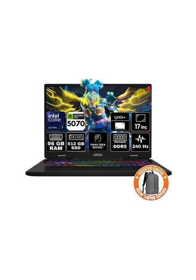 MSI Crosshaır 17 Hx Aı D2xwgkg-018xtr-a81 Ultra 7-255HX 96 GB 512 GB SSD RTX5070 17" W11P Dizüstü Bilgisayar