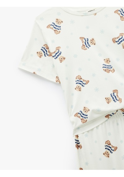 Koton Rahat Kalıp Kısa Kollu Bisiklet Yaka Ayıcık Baskılı Pijama Takımı Beyaz Desenli 6wlk40256mk Koton Rahat Kalıp Kısa Kollu Bisiklet Yaka Ayıcık Baskılı Pijama Takımı Beyaz Desenli 6wlk40256mk