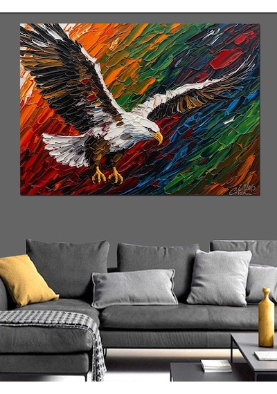 Ahşap Tablo Renkli Fırça Darbeli Heybetli Kartal