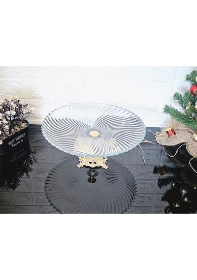 Büyük Boy 31 Cm Yuvarlak Sunumluk & Servis Tabağı Döküm Kare Gold Ayak Beyaz