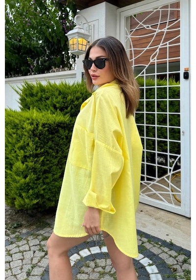 Rouge Basıc Oversize Keten Dokulu %100 Pamuk Salaş Gömlek Sarı