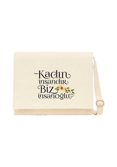 Kadın İnsandır Biz İnsanoğlu Krem Kanvas Postacı Çantası