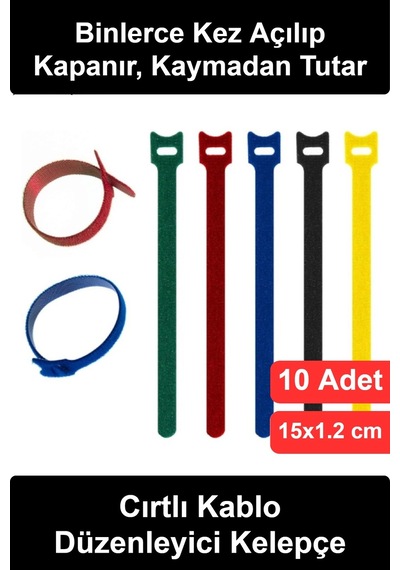 Kablodüzenleyici 10'lu Cırtlı Kelepçe Seti 15 Cm Yeniden Kullanılabilir Velcro Bağlama Bandı Naylon