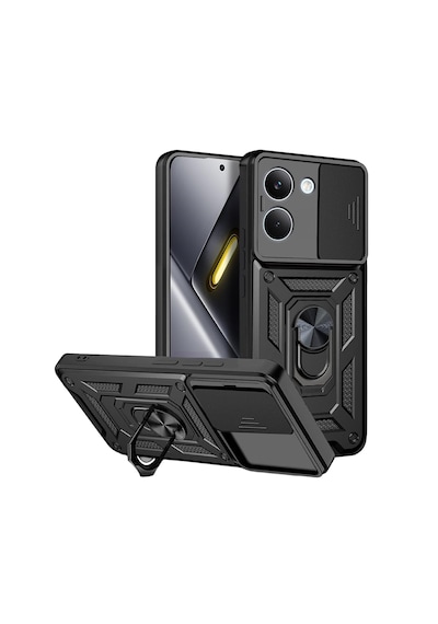 Microcase Poco X8 Pro 5g Uyumlu Kamera Kapaklı Manyetik Mıknatıslı Yüzük Standlı Kılıf - Al5128 Siyah Renk