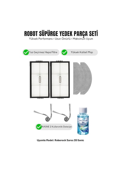 Roborock Saros 20 Sonic İle Uyumlu 2 Yan Fırça 2 Filtre 2 Mop 1 Deterjan 1.0