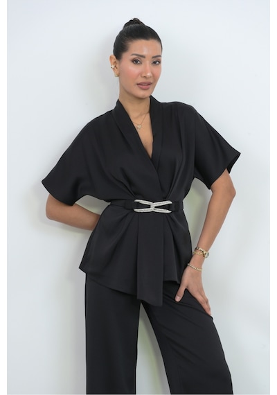 Dorne Moda Özel Seri Kemer Detaylı Takım - Düğün - Mezuniyet - Ofis Şıklığı Siyah Siyah