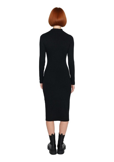 Ersefa Kadın Dik Yaka Yırtmaç Detaylı Bodycon Midi Elbise Örme Kumaşıyla Siyah