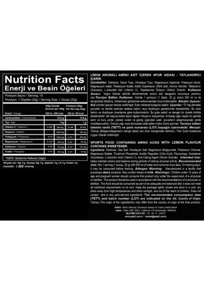Peak2 Elektrolit İzotonik Toz Karışım Limon Aromalı 300 Gr 15 Servis