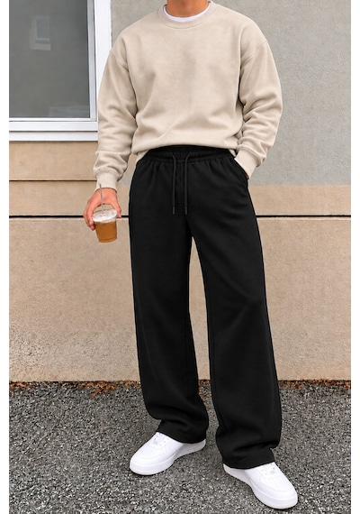 Tarz Cool Erkek Oversize Baggy Fit Eşofman Altı %100 Pamuk 3 İplik Şardonlu Bol Paça Rahat Kesim Siyah