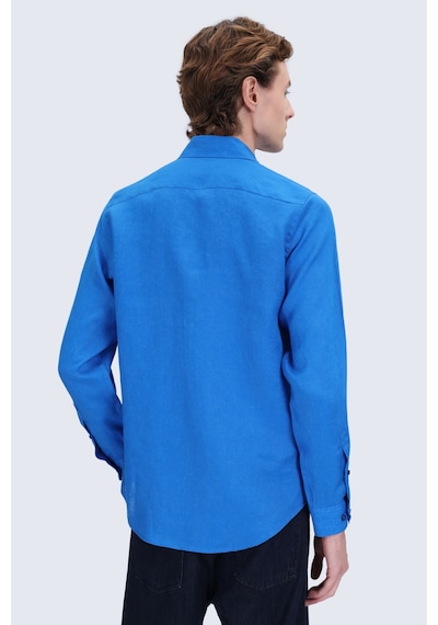 Hatemoğlu Mavi Comfort Fit Düğmeli Yaka %100 Keten Uzun Kollu Casual Gömlek