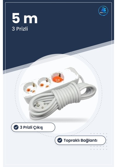 Grup Uzatma Kablosu 3 Prizli Toprağlı 5 M Ev Ofis Elektrik Tesisa
