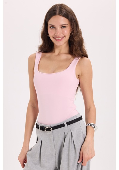 Tudors Kadın Slim Fit Dar Kesim Askılı Kare Yaka Sırtı Açık Sandy Kumaş Çıtçıtlı Pembe Body-51252