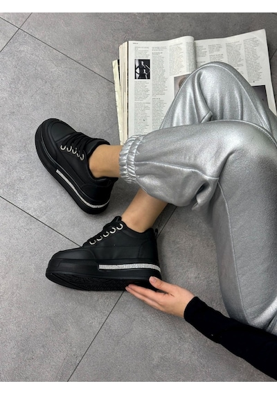 Erva'nın Butiği Siyah Cilt Miles Taş Detay Yüksek Taban Bağcıklı Sneakers-5636