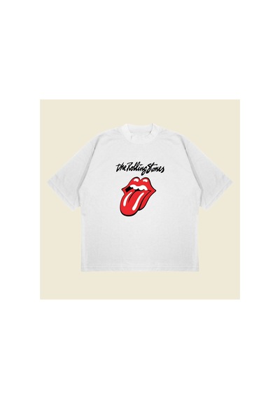 Tarzsokak The Rolling Stones Baskılı Oversize Unisex Pamuklu Nefes Alan Kalın Kumaşlı Beyaz