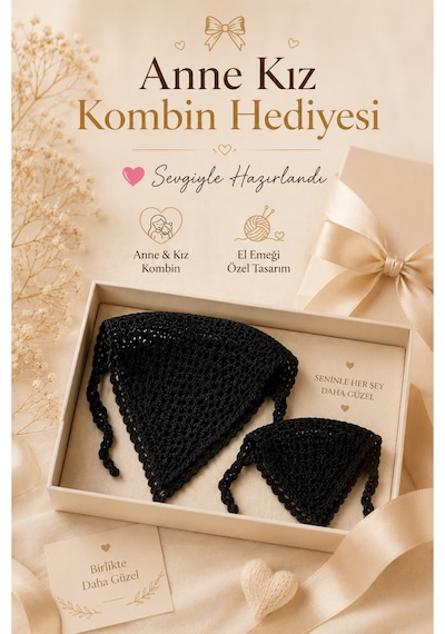 Anne Kız Kombin Bandana El Örgüsü Saç Bandı Bohem Stil Ayarlanabilir 2li Set Siyah