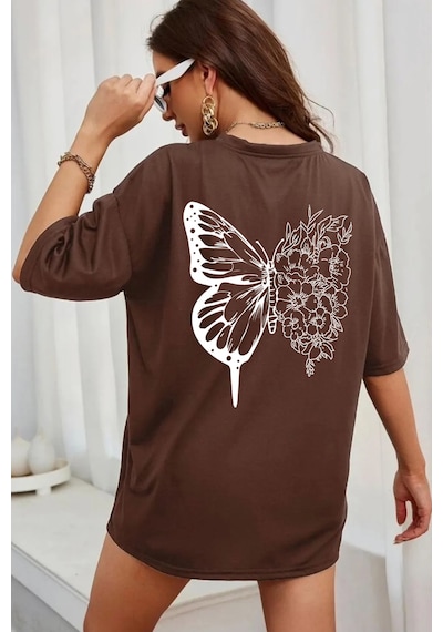 Unisex Drawing Butterflies Tasarım T-shirt Kahverengi