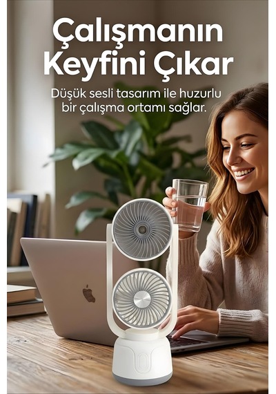 Şarjlı Çift Su Püskürtmeli 3 Kademeli Ayarlanabilir Masaüstü Fan Gri