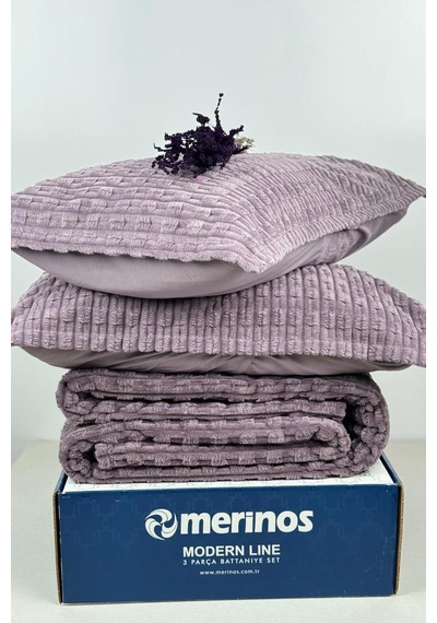 Merinos Twist Çift Kişilik Battaniye Seti Mürdüm Mürdüm