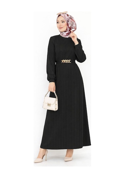 Hira Life Fashion Kadın Gold Zincir Kemer Detaylı Bisiklet Yaka Ve Tesettür Giyim Burgu Elbise Siyah Siyah Hira Life Fashion Kadın Gold Zincir Kemer Detaylı Bisiklet Yaka Ve Tesettür Giyim Burgu Elbise Siyah Siyah