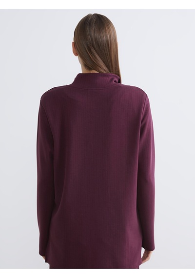 Lcw Everyday Bordo Dik Yaka Çizgili Oversize Kadın Tişört