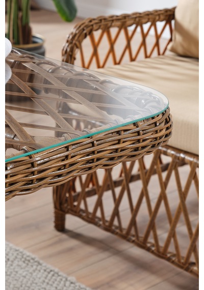 Roma Rattan Bahçe Balkon Takımı 2+1+1 Cam Masalı Kahve Kahverengi
