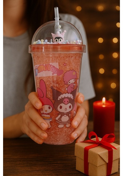 Kuromi Temalı Pembe Suluk Pipetli Buzlu Cam Görünümlü 450 Ml Çift Katman Mika Su Şişesi 2647 Pembe Kırmızı - Buzmavisi