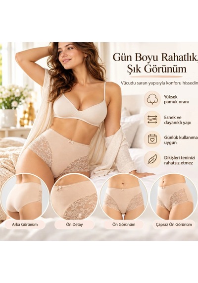 Genel Kadın Pamuklu Yüksek Bel Güpürlü Bato Külot Siyah Ten Yanları Dantelli Günlük Ve Rahat İç Çamaşırı