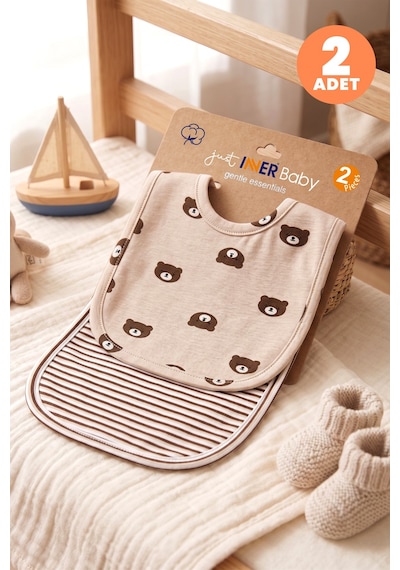 Just Inner Erkek Bebek 2'li Pamuklu Önlük Ayıcık Ve Çizgili Desenli Çıtçıtlı Çift Katlı Cilt Dostu 584302 Bej