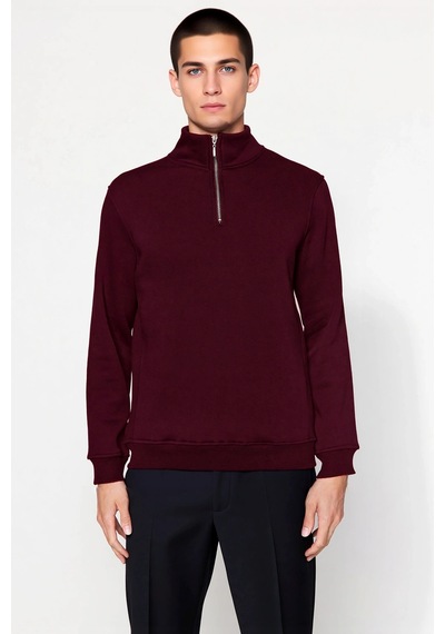 Benerly Erkek Dik Yaka Fermuarlı Standart Kol Regular Kalıp Sweatshirt Fo Bordo