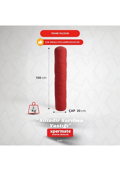 Xpermate Sarılma Yastığı Bacak Arası Yastığı Silindir 150cm Kırmı