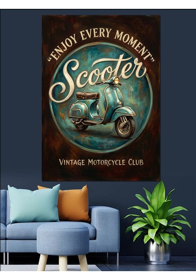 Retro Scooter Ve Özgürlük Yazısı Dekoratif Kanvas - Mdf Ahşap Tablo