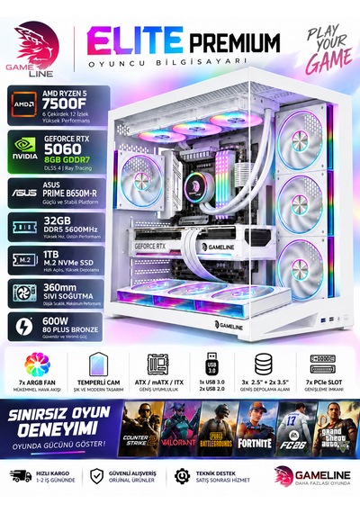 Gameline Elite White R5-7500F 8 GB 1 TB NVMe SSD RTX5060 Free Dos Masaüstü Oyuncu Bilgisayarı