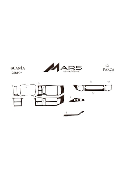 Scania R Torpido Kaplama 2020- 12 Parça Koyu Meşe