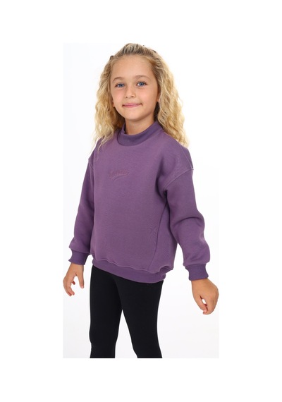 Kız Çocuk Relax Fit Dik Yaka Düşük Omuz Nakış Baskılı Sweatshirt - 3 İplik Şardonlu Mor