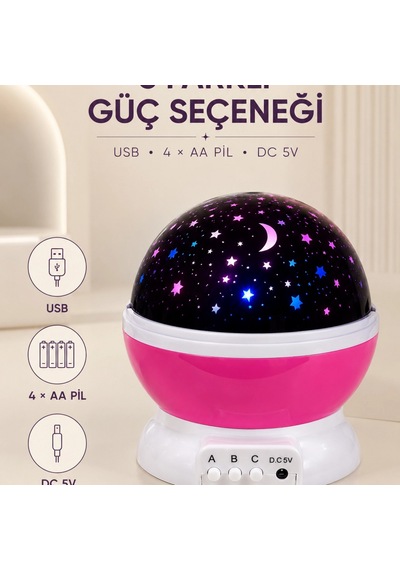 Pembe Yıldızlı Gece Lambası Döner Gökyüzü Projeksiyon Işığı Renkli