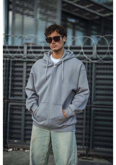 Barlashive Erkek Tam Fermuarlı Cepli Kapüşonlu 3 İplik Pamuklu Hoodie Sweatshirt - Gri Çok Renkli