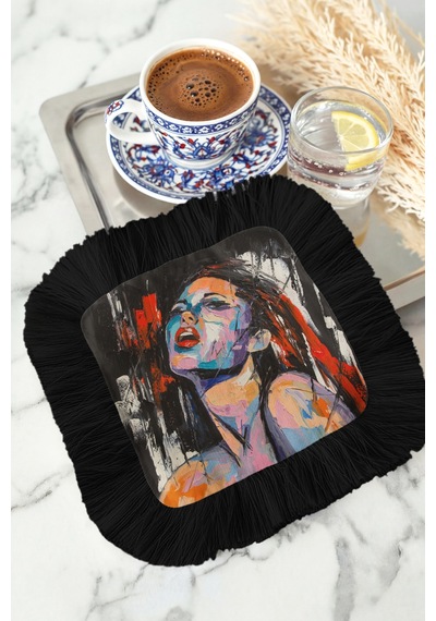 Modern Sanat Portre Saçaklı Sunum Peçetesi-ekspresyonist Renkli Bohem Siyah Bardak Altlığı Mendil Buzlu Grili Nar Modern Sanat Portre Saçaklı Sunum Peçetesi-ekspresyonist Renkli Bohem Siyah Bardak Altlığı Mendil Buzlu Grili Nar