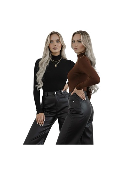 Hashtag Kadın Balıkçı Yaka Uzun Kollu Body 2'li Set Viskon Kumaş Kahverengi Siyah
