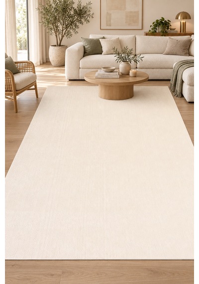 Rokan Peluş Halı Krem Salon Mutfak Antre Odası Yumuşak Kaymaz Taban Yıkanabilir Modern Polyester Halı