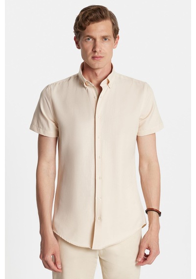 Tudors Erkek Slim Fit Dar Kesim Kısa Kollu Spor Yaka Oxford Doku Pamuklu Bej Gömlek-34363 Bej