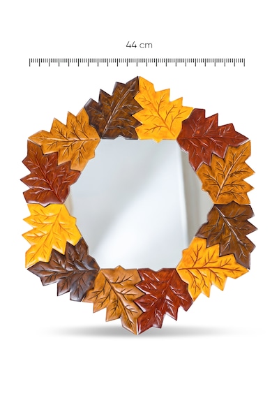 Sonbahar Yaprakları Dekoratif Duvar Aynası 44x41 Cm Salon Çalışma Odası Antre Mutfak Aynası Polyester Ahşap El Yapımı Ayna Çok Renkli