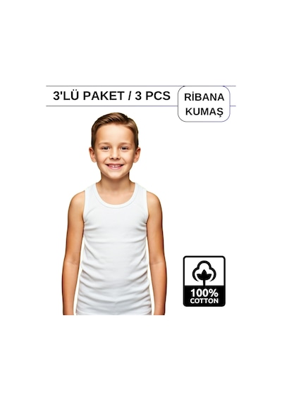 Alya Underwear Erkek Çocuk Pamuk Ribana Atlet Oval Yaka 3'lü Paket Beyaz-t05