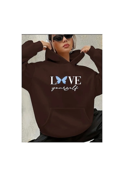 Herkesemoda Love Yorself Detaylı Kapüşonlu Sweatshirt Kahverengi