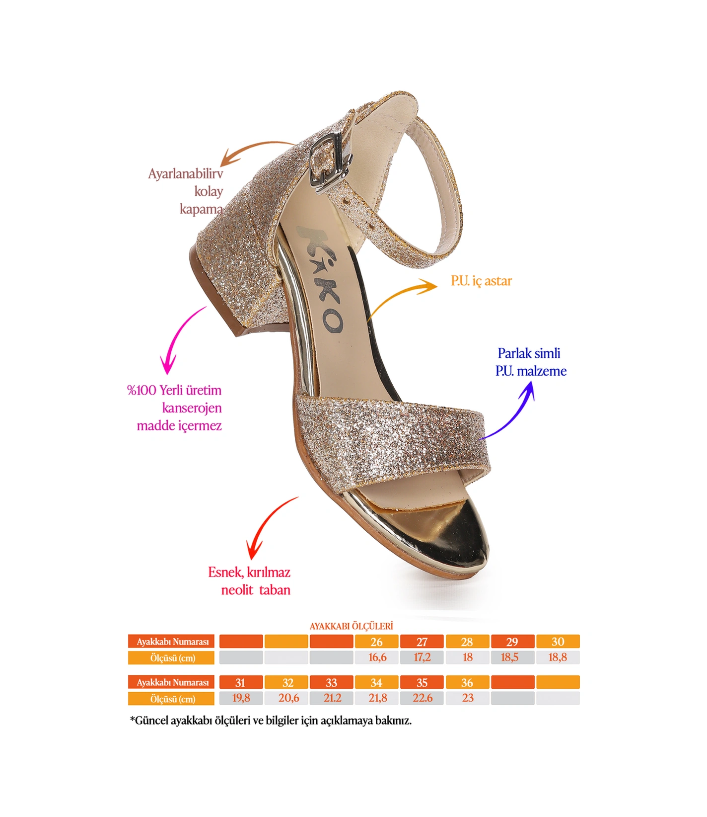 Kiko Kids Alexa Günlük Kız Çocuk 4 Cm Topuklu Sandalet Abiye Ayakkabı Altın Altın
