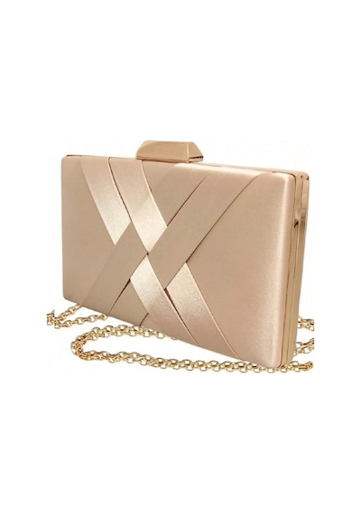 Famels Kadın Şeritli Özel Model Abiye Clutch Portföy El Gece Düğün Nişan Abiye Çantası Bej