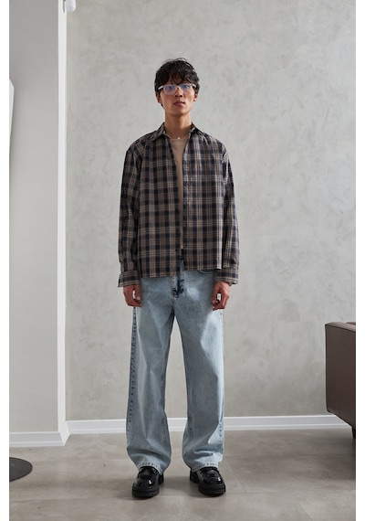 Erkek Oversize %100 Pamuk Ekose Gömlek Bej