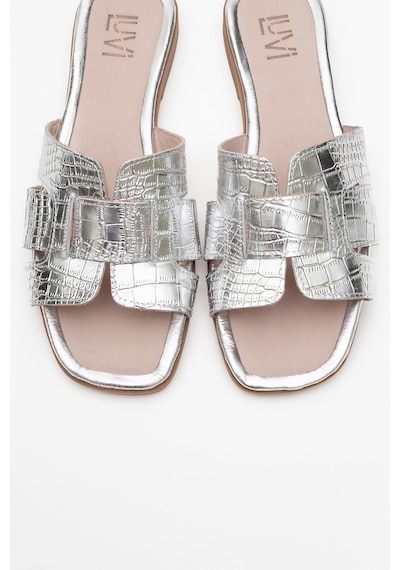 Luvishoes Luvi Shoes Notre Gümüş Baskı Hakiki Deri Kadın Terlik Gümüş