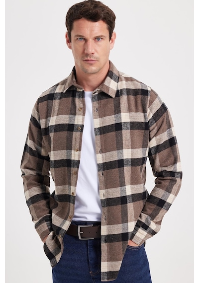 Tudors Erkek Slim Fit Dar Kesim Kareli Kışlık Oduncu Gömlek-42350 Kahverengi