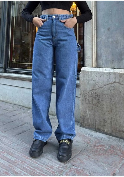 Kene Jeans Yüksek Bel Mavi Yan Kemer Tokalı Kargo Cep/baggy Bol Paça Jeans Mavi